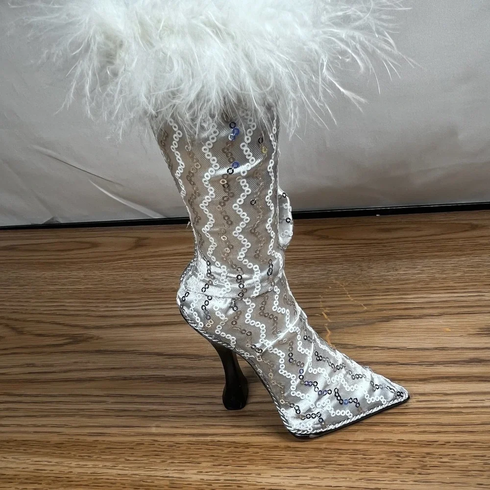 Silver Sequin High Heel Boot Coin Bank Faux Feather Trim Rhinestone Bow Glam Y2K